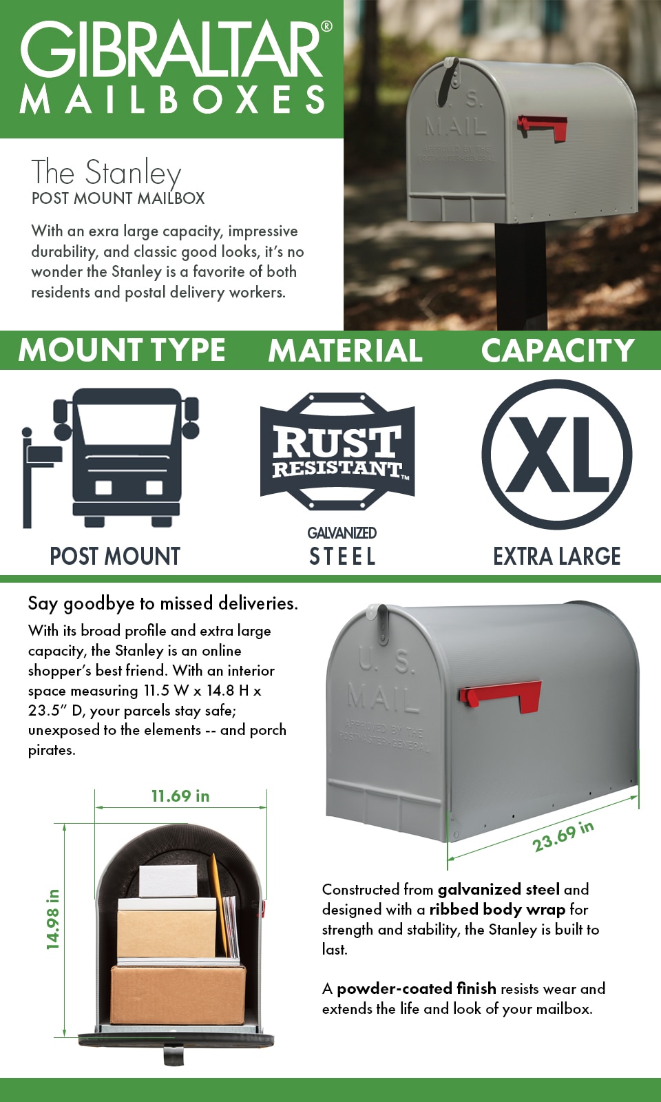 Gibraltar Mailboxes ST200000 Stanley Gray, Extra Large, Steel, Post